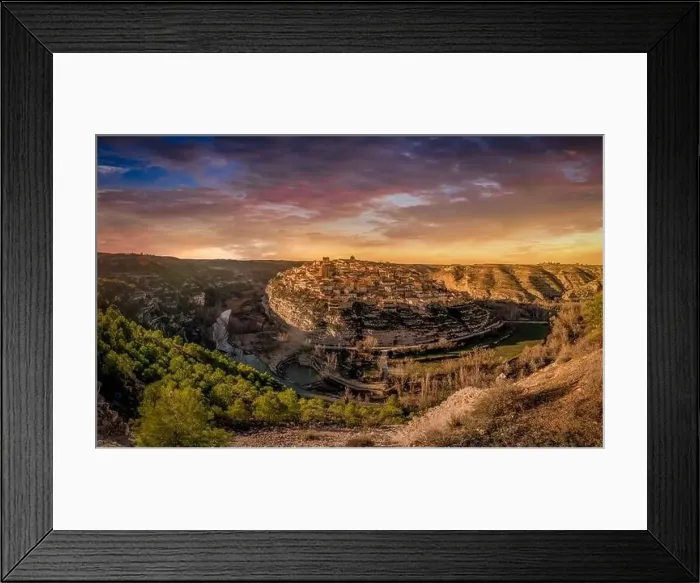 Framed Print : Aerial view of Jorquera medieval town with city walls and castle circled by the bend of the Jucar river in Spain Framed Print : Aerial view of Jorquera medieval town with city walls and castle circled by the bend of the Jucar river in Spain