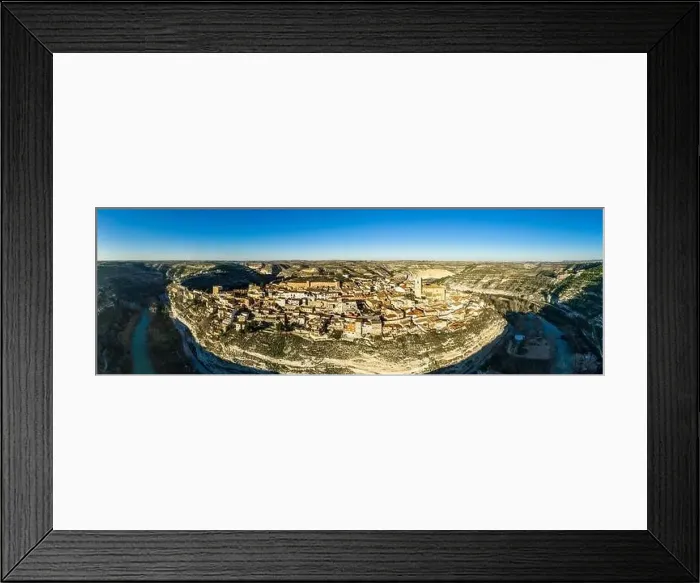 Framed Print : Aerial top down view of the Jucar river surrounding the medieval hilltop town of Jorquera in Spain Framed Print : Aerial top down view of the Jucar river surrounding the medieval hilltop town of Jorquera in Spain