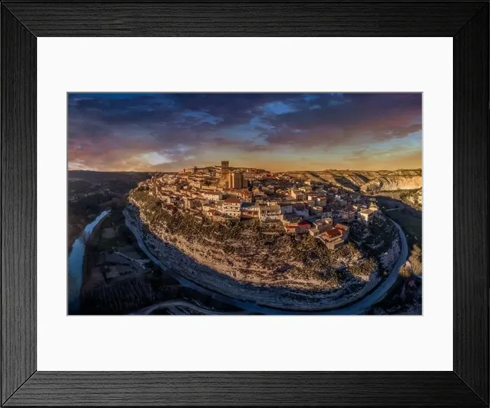 Framed Print : Aerial view of Jorquera medieval town with city walls and castle circled by the bend of the Jucar river in Spain Framed Print : Aerial view of Jorquera medieval town with city walls and castle circled by the bend of the Jucar river in Spain
