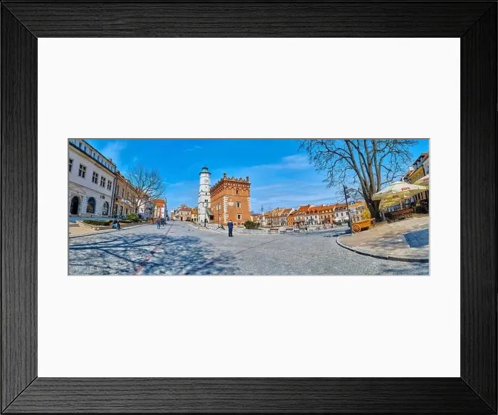 Framed Print : Beautiful panoramic aerial drone view to the market square in Sandomierz - with the Gothic town hall in the middle - a Framed Print : Beautiful panoramic aerial drone view to the market square in Sandomierz - with the Gothic town hall in the middle - a
