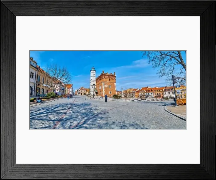 Framed Print : Beautiful panoramic aerial drone view to the market square in Sandomierz - with the Gothic town hall in the middle - a Framed Print : Beautiful panoramic aerial drone view to the market square in Sandomierz - with the Gothic town hall in the middle - a