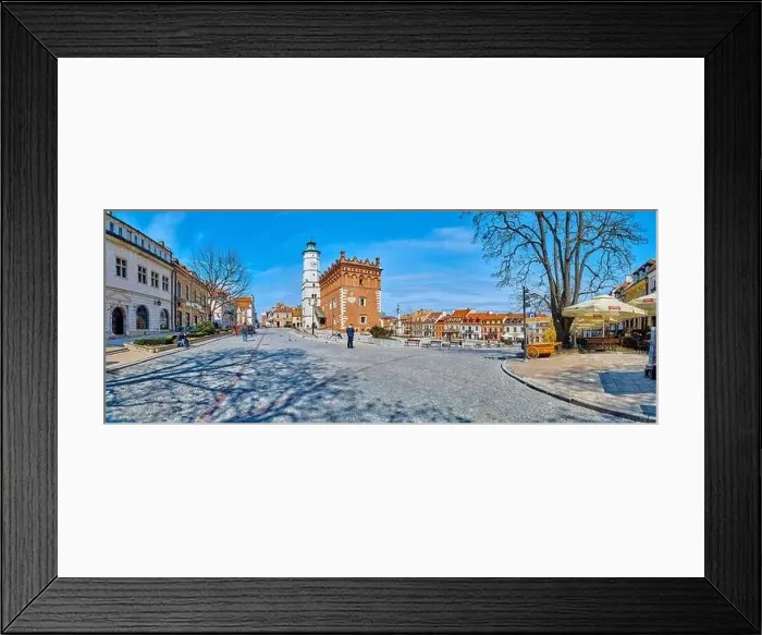 Framed Print : Beautiful panoramic aerial drone view to the market square in Sandomierz - with the Gothic town hall in the middle - a Framed Print : Beautiful panoramic aerial drone view to the market square in Sandomierz - with the Gothic town hall in the middle - a