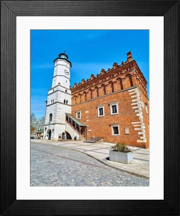 Framed Print : Beautiful panoramic aerial drone view to the market square in Sandomierz - with the Gothic town hall in the middle - a Framed Print : Beautiful panoramic aerial drone view to the market square in Sandomierz - with the Gothic town hall in the middle - a