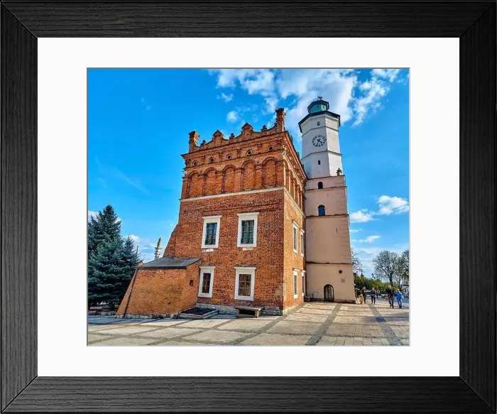 Framed Print : Beautiful panoramic aerial drone view to the market square in Sandomierz - with the Gothic town hall in the middle - a Framed Print : Beautiful panoramic aerial drone view to the market square in Sandomierz - with the Gothic town hall in the middle - a