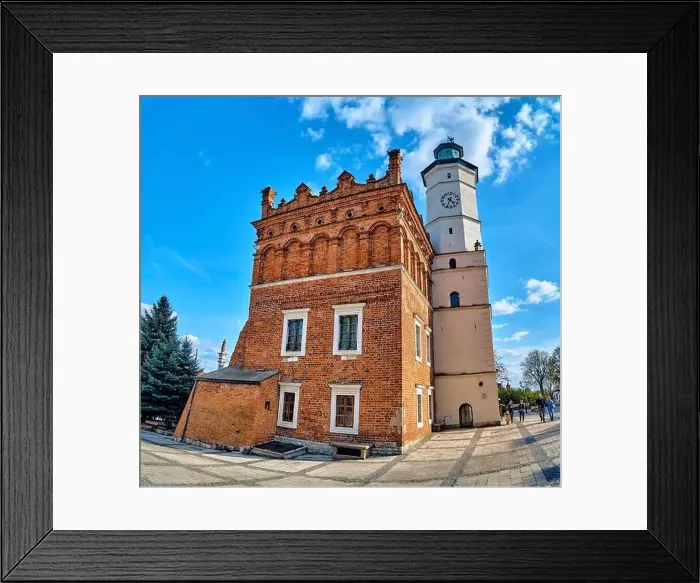 Framed Print : Beautiful panoramic aerial drone view to the market square in Sandomierz - with the Gothic town hall in the middle - a Framed Print : Beautiful panoramic aerial drone view to the market square in Sandomierz - with the Gothic town hall in the middle - a
