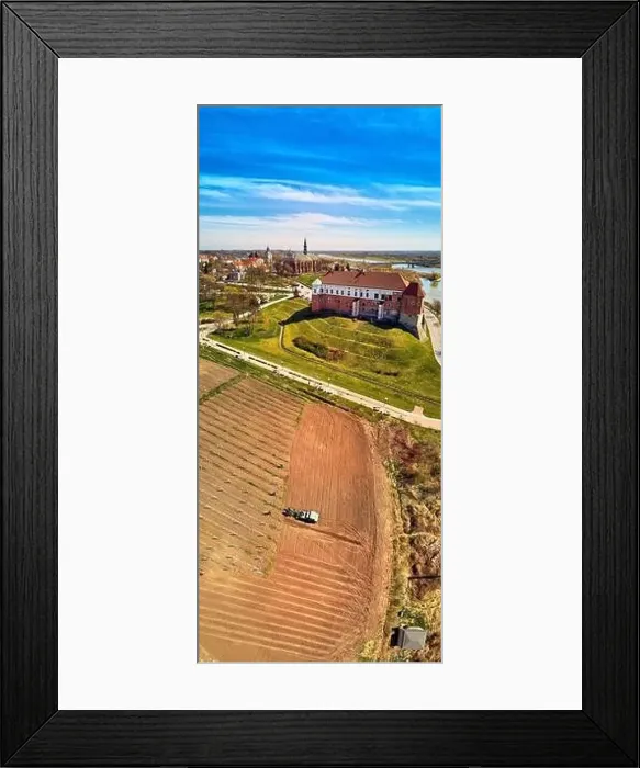 Framed Print : Beautiful panoramic aerial drone view to the Sandomierz Royal Castle - planting vines in the vineyard of St Framed Print : Beautiful panoramic aerial drone view to the Sandomierz Royal Castle - planting vines in the vineyard of St