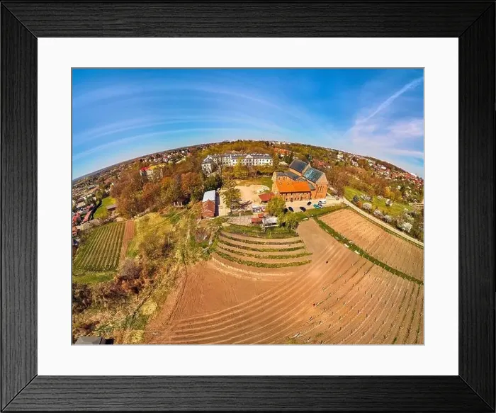 Framed Print : Beautiful panoramic aerial drone view to the Sandomierz Royal Castle - planting vines in the vineyard of St Framed Print : Beautiful panoramic aerial drone view to the Sandomierz Royal Castle - planting vines in the vineyard of St