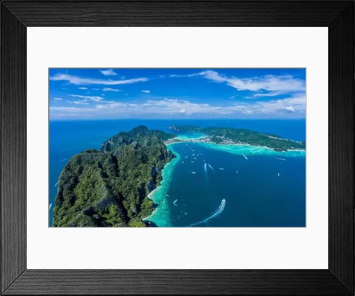 Framed Print : Aerial drone view of tropical turquoise water Maya Bay and limestone cliffs Framed Print : Aerial drone view of tropical turquoise water Maya Bay and limestone cliffs
