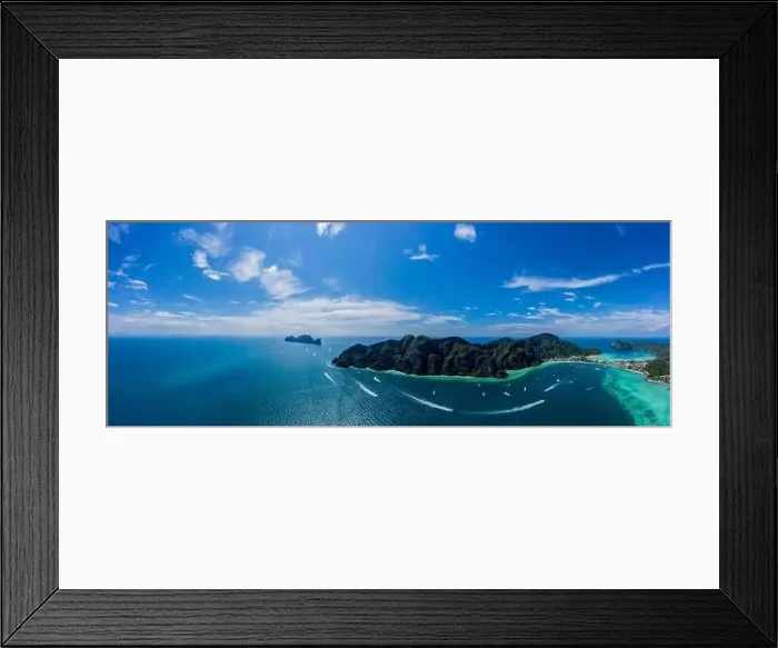 Framed Print : Aerial drone view of tropical turquoise water Maya Bay and limestone cliffs Framed Print : Aerial drone view of tropical turquoise water Maya Bay and limestone cliffs