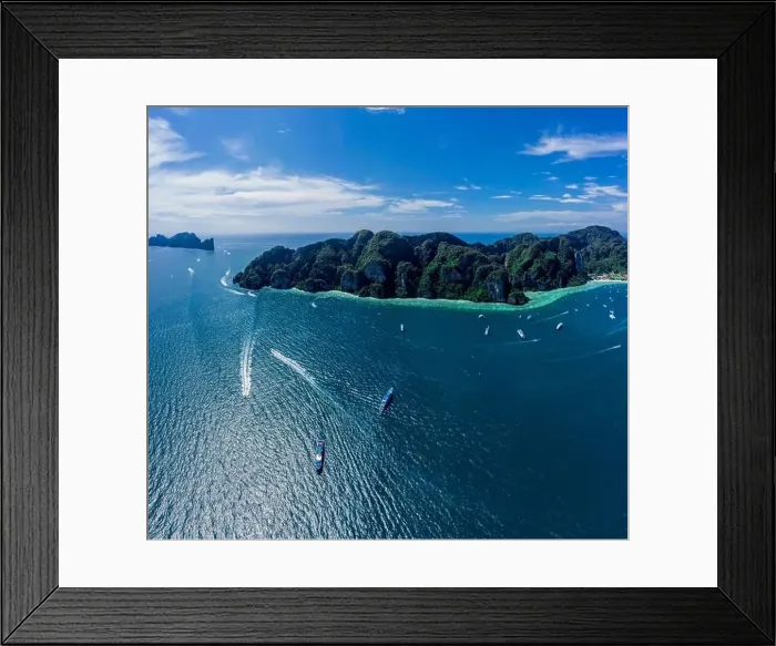 Framed Print : Aerial drone view of tropical turquoise water Maya Bay and limestone cliffs Framed Print : Aerial drone view of tropical turquoise water Maya Bay and limestone cliffs