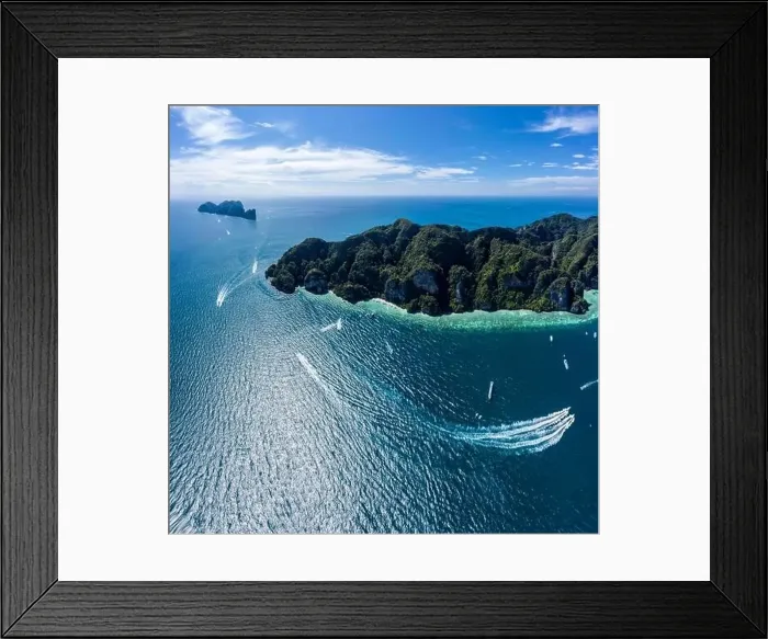 Framed Print : Aerial drone view of tropical turquoise water Maya Bay and limestone cliffs Framed Print : Aerial drone view of tropical turquoise water Maya Bay and limestone cliffs