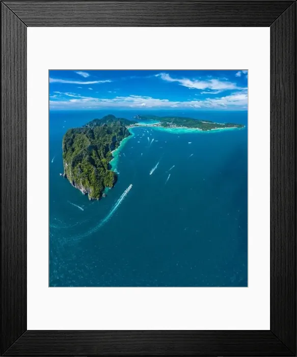Framed Print : Aerial drone view of tropical turquoise water Maya Bay and limestone cliffs Framed Print : Aerial drone view of tropical turquoise water Maya Bay and limestone cliffs