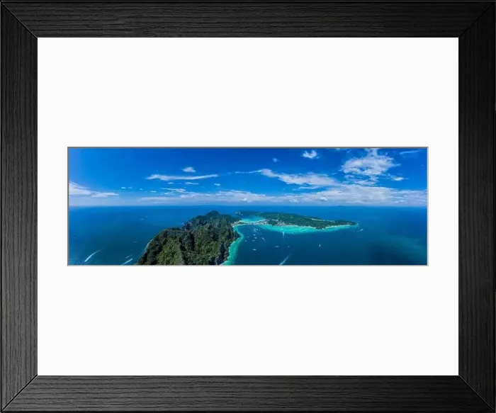 Framed Print : Aerial drone view of tropical turquoise water Maya Bay and limestone cliffs Framed Print : Aerial drone view of tropical turquoise water Maya Bay and limestone cliffs