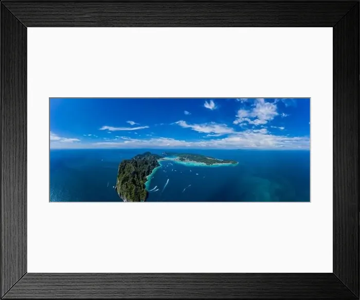Framed Print : Aerial drone view of tropical turquoise water Maya Bay and limestone cliffs Framed Print : Aerial drone view of tropical turquoise water Maya Bay and limestone cliffs