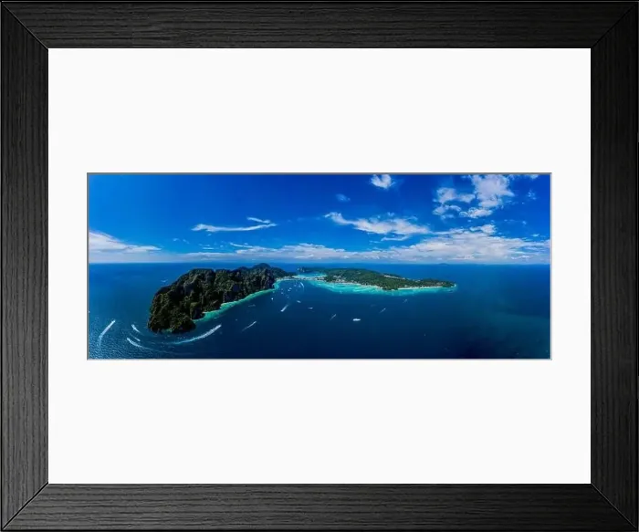Framed Print : Aerial drone view of tropical turquoise water Maya Bay and limestone cliffs Framed Print : Aerial drone view of tropical turquoise water Maya Bay and limestone cliffs