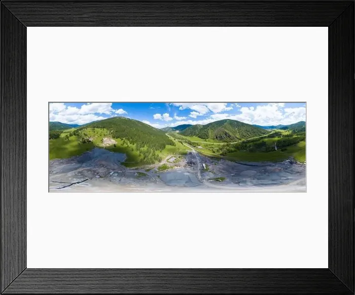 Framed Print : Aerial view 360 panoramic of opencast mining quarry minerals with many machinery tractors Framed Print : Aerial view 360 panoramic of opencast mining quarry minerals with many machinery tractors
