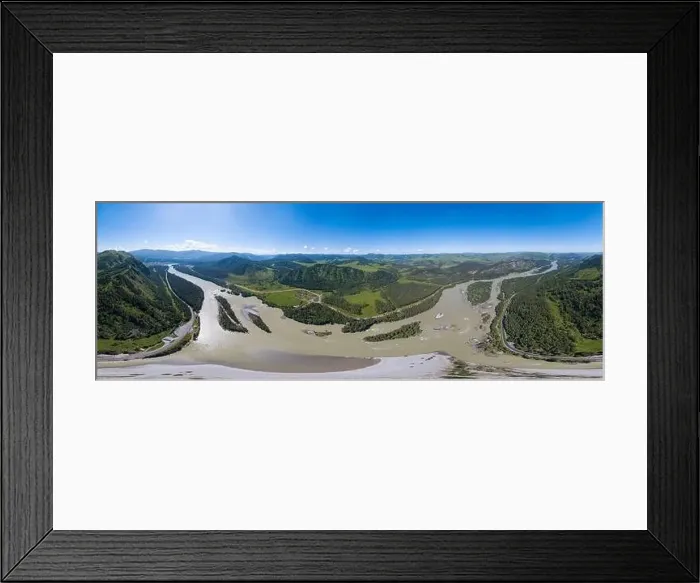 Framed Print : Aerial panoramic view of planet earth above river Katun in the Altai mountains with green trees Framed Print : Aerial panoramic view of planet earth above river Katun in the Altai mountains with green trees