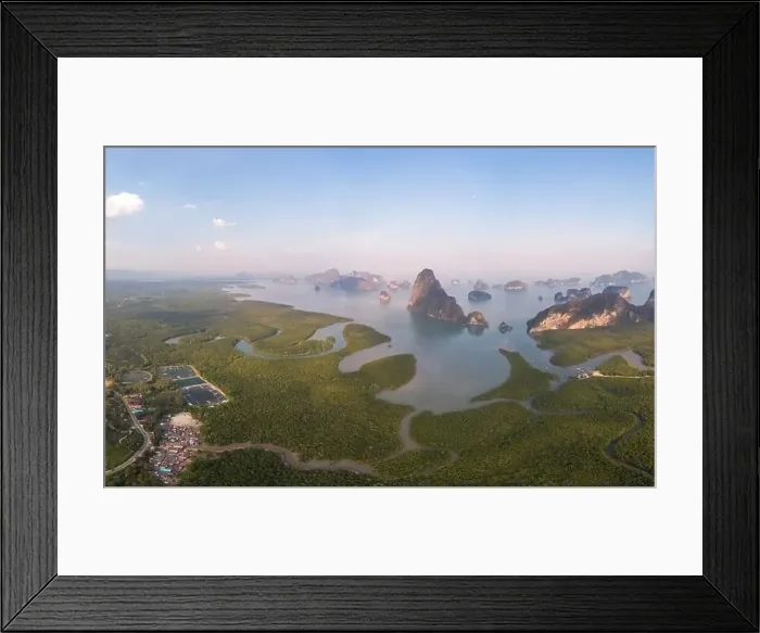 Framed Print : Sunrise Samet Nang She viewpoint Phangnga Bay Thailand, Drone view over the Bay