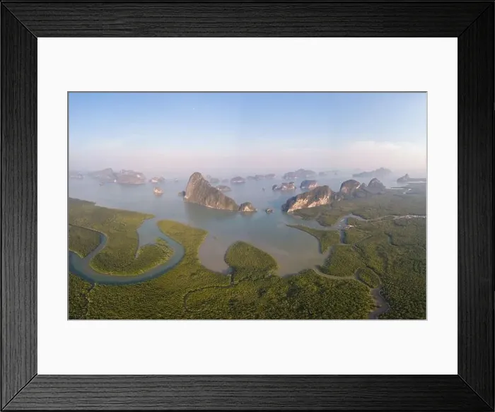 Framed Print : Sunrise Samet Nang She viewpoint Phangnga Bay Thailand, Drone view over the Bay
