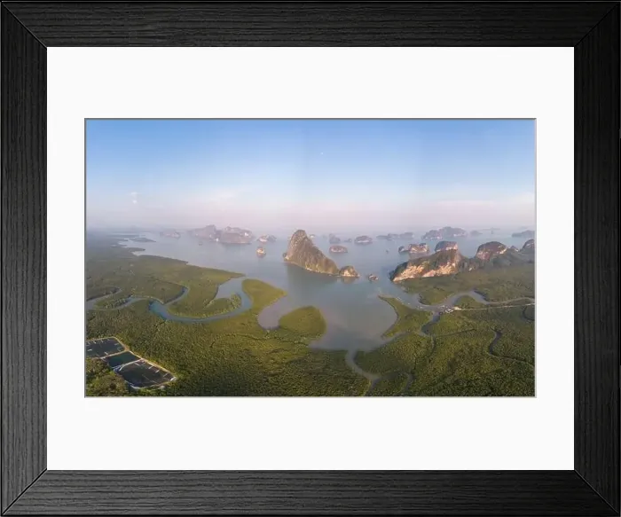 Framed Print : Sunrise Samet Nang She viewpoint Phangnga Bay Thailand, Drone view over the Bay Framed Print : Sunrise Samet Nang She viewpoint Phangnga Bay Thailand, Drone view over the Bay