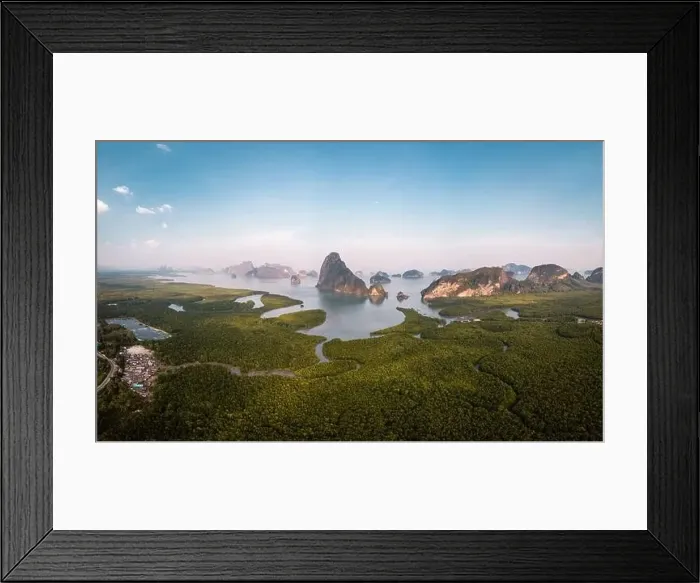 Framed Print : Sunrise Samet Nang She viewpoint Phangnga Bay Thailand, Drone view over the Bay Framed Print : Sunrise Samet Nang She viewpoint Phangnga Bay Thailand, Drone view over the Bay