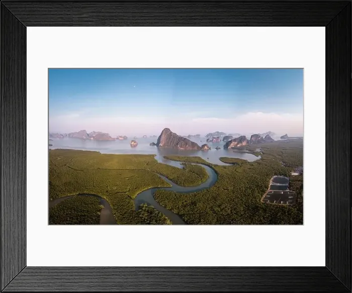 Framed Print : Sunrise Samet Nang She viewpoint Phangnga Bay Thailand, Drone view over the Bay Framed Print : Sunrise Samet Nang She viewpoint Phangnga Bay Thailand, Drone view over the Bay