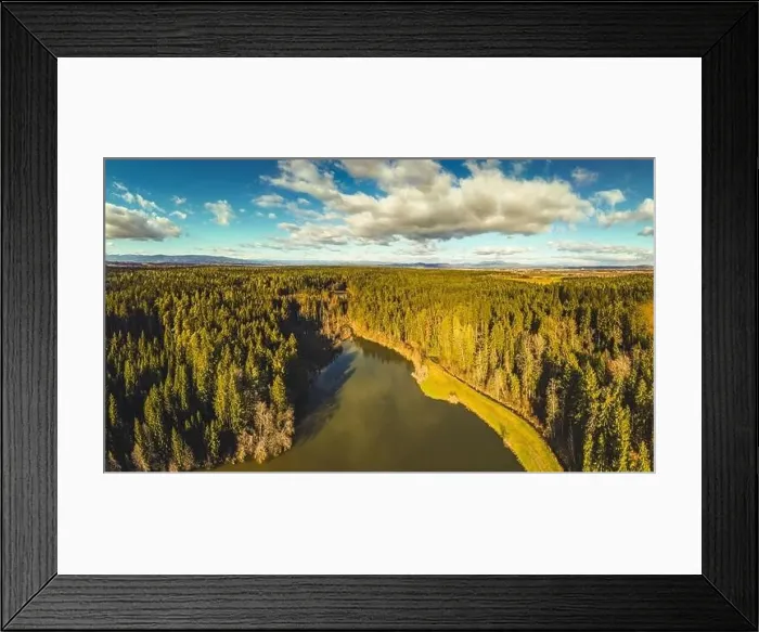 Framed Print : Aerial panorama view at Wundschuher See in Wundschuh, Styria, Austria near Graz. View at forests and mountains