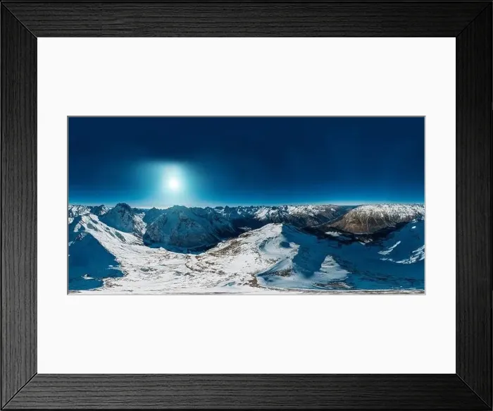 Framed Print : Panoramic 360 degree aerial drone view of snowy mountains Framed Print : Panoramic 360 degree aerial drone view of snowy mountains