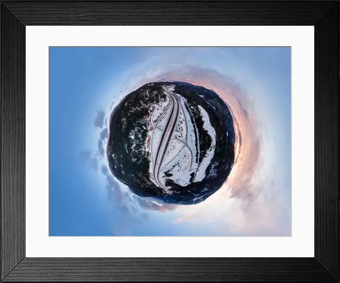 Framed Print : Abstract 360 Aerial Panoramic View of a scenic Highway passing in the Canadian Mountain Landscape during a colorful Framed Print : Abstract 360 Aerial Panoramic View of a scenic Highway passing in the Canadian Mountain Landscape during a colorful