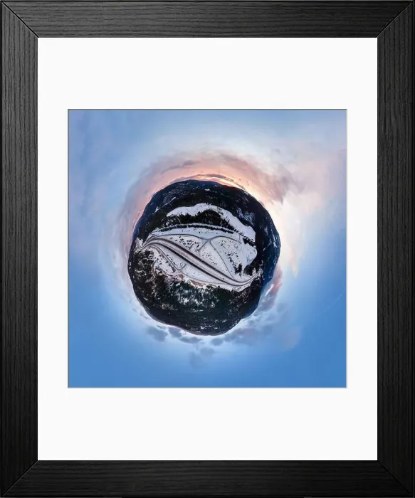 Framed Print : Abstract 360 Aerial Panoramic View of a scenic Highway passing in the Canadian Mountain Landscape during a colorful Framed Print : Abstract 360 Aerial Panoramic View of a scenic Highway passing in the Canadian Mountain Landscape during a colorful