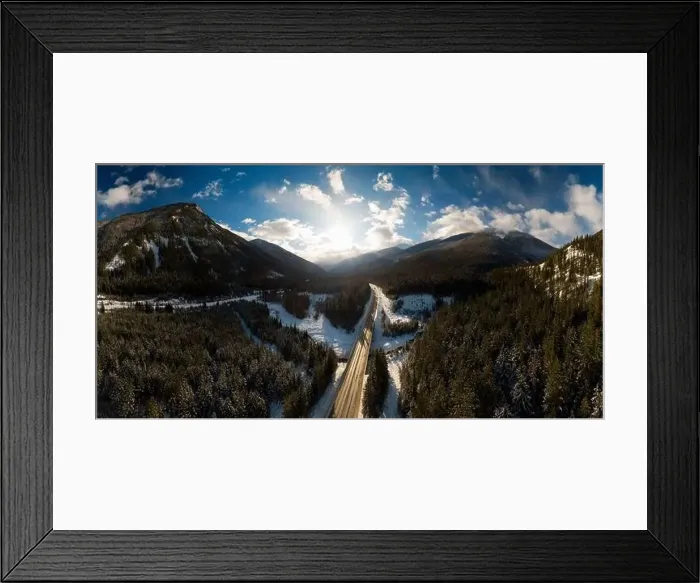 Framed Print : Aerial Panoramic View of a scenic Highway in the valley between Canadian Mountain Landscape during winter sunny sunset Framed Print : Aerial Panoramic View of a scenic Highway in the valley between Canadian Mountain Landscape during winter sunny sunset