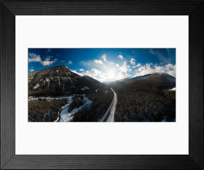 Framed Print : Aerial Panoramic View of a scenic Highway in the valley between Canadian Mountain Landscape during winter sunny sunset Framed Print : Aerial Panoramic View of a scenic Highway in the valley between Canadian Mountain Landscape during winter sunny sunset