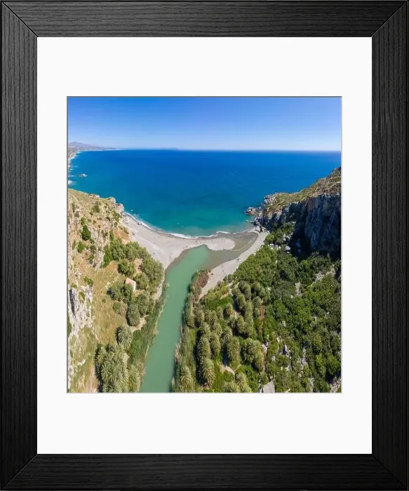 Framed Print : Aerial drone ultra wide photo of iconic river and beach of Preveli in Southern Rethimno, Crete island, Greece in summer Framed Print : Aerial drone ultra wide photo of iconic river and beach of Preveli in Southern Rethimno, Crete island, Greece in summer