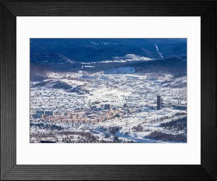 Framed Print : Sheregesh Kemerovo region ski resort in winter dawn sun on city, landscape on mountain and hotels, aerial top view Framed Print : Sheregesh Kemerovo region ski resort in winter dawn sun on city, landscape on mountain and hotels, aerial top view