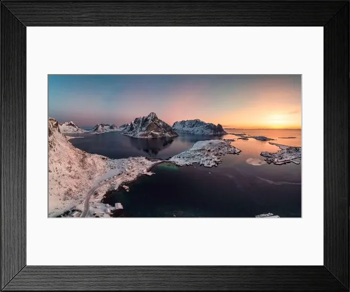 Framed Print : Aerial view, Panorama, Sunrise on Lofoten island is archipelago with fishing village on coastline in winter at Norway Framed Print : Aerial view, Panorama, Sunrise on Lofoten island is archipelago with fishing village on coastline in winter at Norway