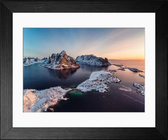 Framed Print : Aerial view, Panorama, Sunrise on Lofoten island is archipelago with fishing village on coastline in winter at Norway Framed Print : Aerial view, Panorama, Sunrise on Lofoten island is archipelago with fishing village on coastline in winter at Norway