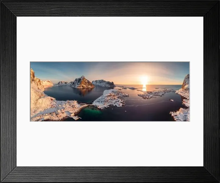 Framed Print : Aerial view, Panorama, Sunrise on Lofoten island is archipelago with fishing village on coastline in winter at Norway Framed Print : Aerial view, Panorama, Sunrise on Lofoten island is archipelago with fishing village on coastline in winter at Norway