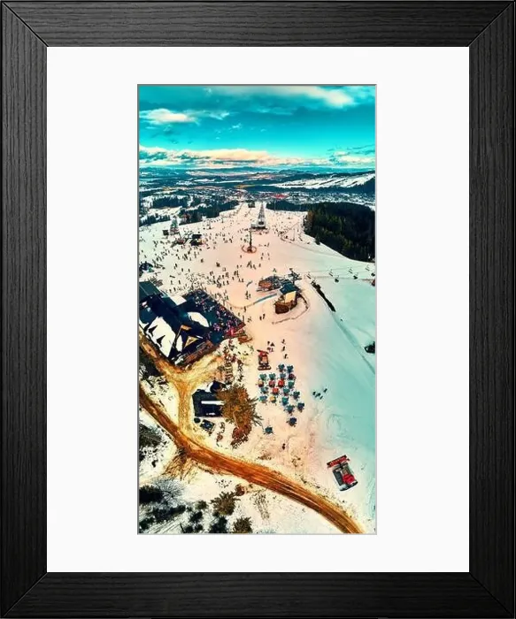 Framed Print : Beautiful panoramic aerial drone view to the ski slopes with lifts in the Bialka Tatrzanska ski resort Tatra Mountains