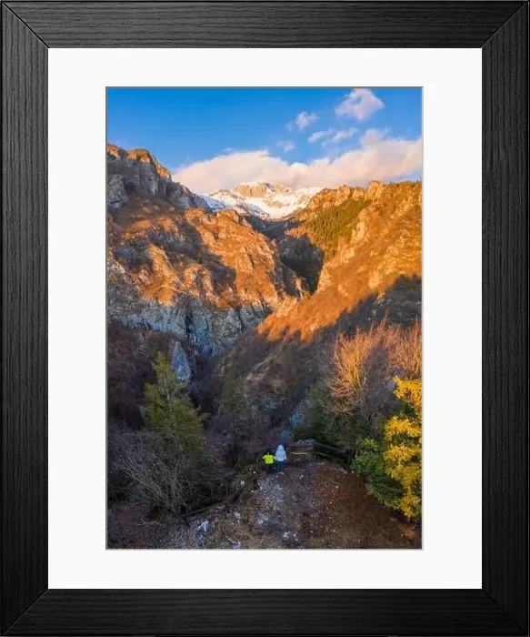 Framed Print : Aerial view of the small church called San Peder and the Presolana during a winter sunset Framed Print : Aerial view of the small church called San Peder and the Presolana during a winter sunset