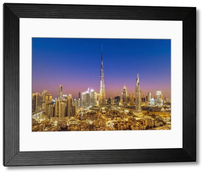 Framed Print : Dubai city skyline at sunset, United Arab Emirates