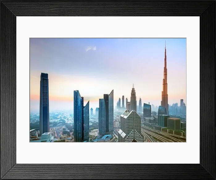 Framed Print : Dubai city skyline at sunset, United Arab Emirates
