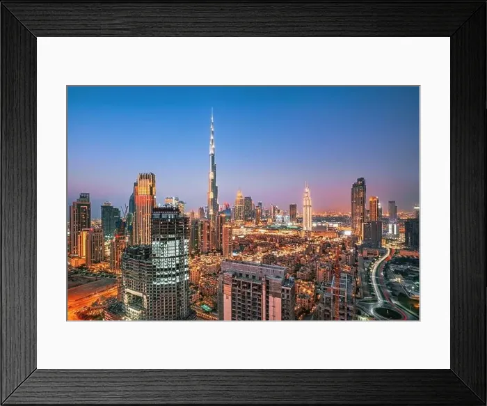 Framed Print : Dubai city skyline at sunset, United Arab Emirates Framed Print : Dubai city skyline at sunset, United Arab Emirates