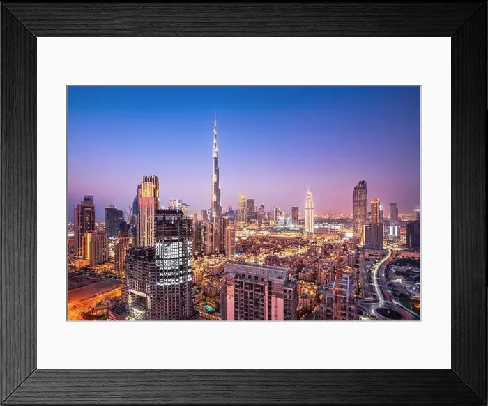 Framed Print : Dubai city skyline at sunset, United Arab Emirates Framed Print : Dubai city skyline at sunset, United Arab Emirates