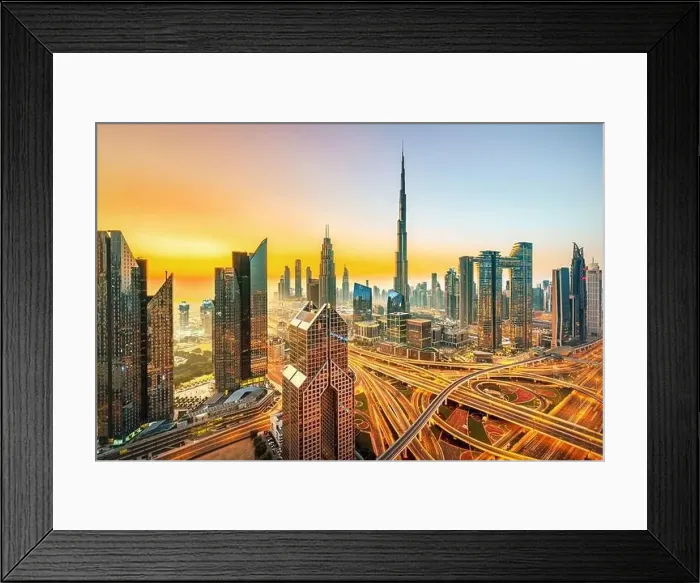 Framed Print : Dubai city skyline at sunset, United Arab Emirates Framed Print : Dubai city skyline at sunset, United Arab Emirates