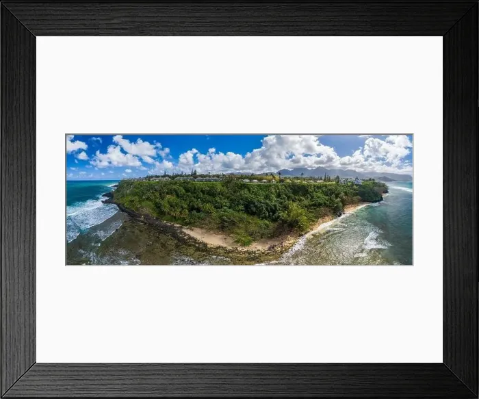 Framed Print : Aerial panoramic image off the coast over Princeville and the Kenomene Ocean Sunset Overlook on Hawaiian island of Kauai Framed Print : Aerial panoramic image off the coast over Princeville and the Kenomene Ocean Sunset Overlook on Hawaiian island of Kauai