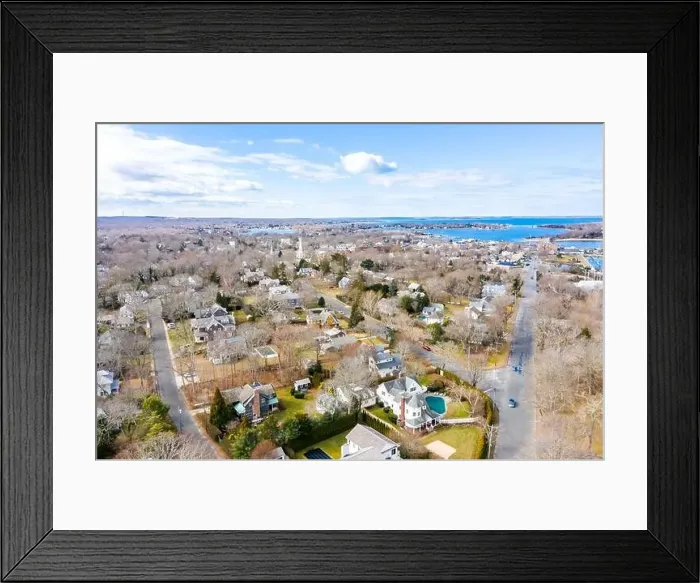 Framed Print : Drone shot looking west down Bay Street into the village of Sag Harbor, NY