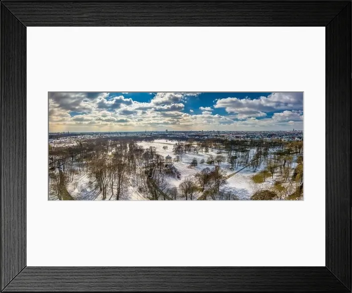 Framed Print : Englischer Garten in winter in Munich, Germany, filmed by a drone Framed Print : Englischer Garten in winter in Munich, Germany, filmed by a drone