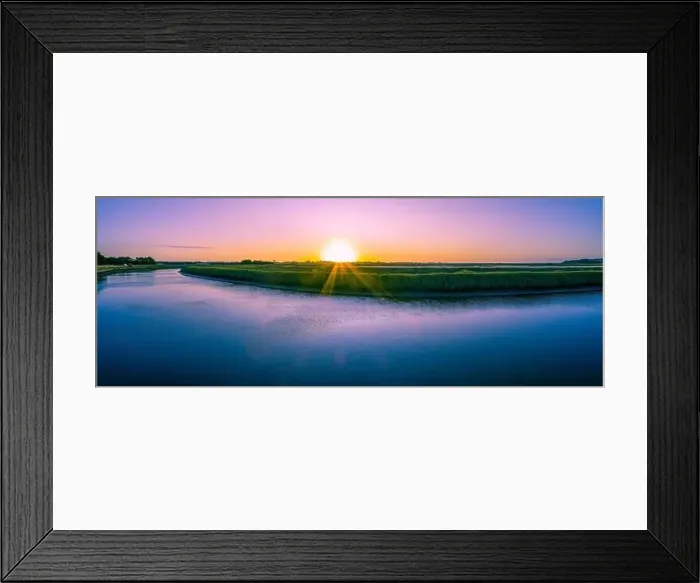 Framed Print : Sunset over land and river - wide aerial panorama Framed Print : Sunset over land and river - wide aerial panorama