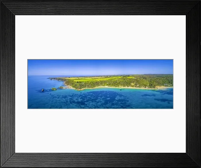 Framed Print : Picturesque coastline and farmlands in Victoria, Australia - wide aerial panorama