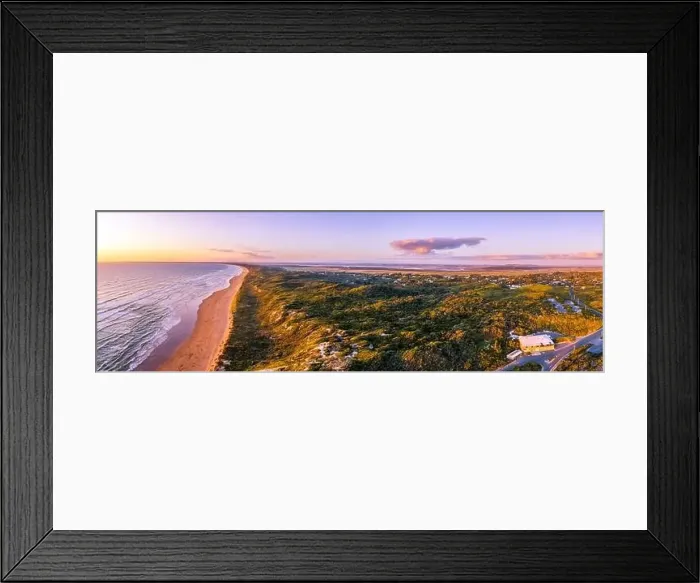 Framed Print : Venus Bay township and coastline at sunset - scenic aerial panorama Framed Print : Venus Bay township and coastline at sunset - scenic aerial panorama